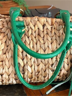 Source Unknown Natural Woven Tote with Green Handles